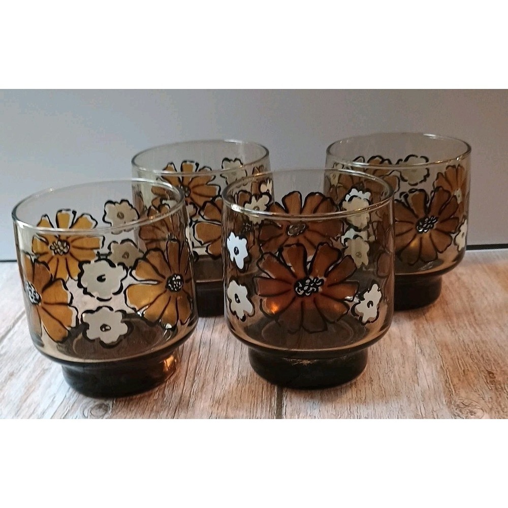 Vintage 70's Libbey Amber Daisy Flower Power Mod Brown White Glasses Set Of 4